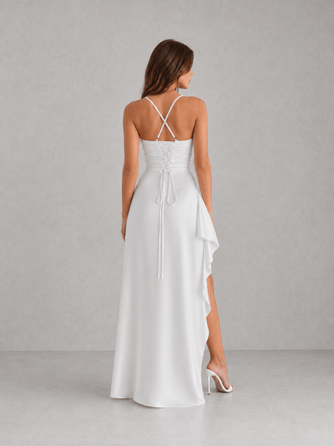 Draped Satin High-Slit Christmas Party Maxi Dress with Ruched Waist