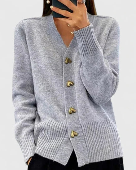 Lillyanne Heart Button V-Neck Women's Knitted Cardigan with Soft Drape