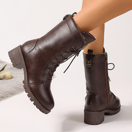 Faux Leather Lace-Up Women's Winter Boots with Fleece Lining and Side Zip