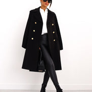 Women's Double-Breasted Long Wool-Blend Pea Coat with Notch Lapel