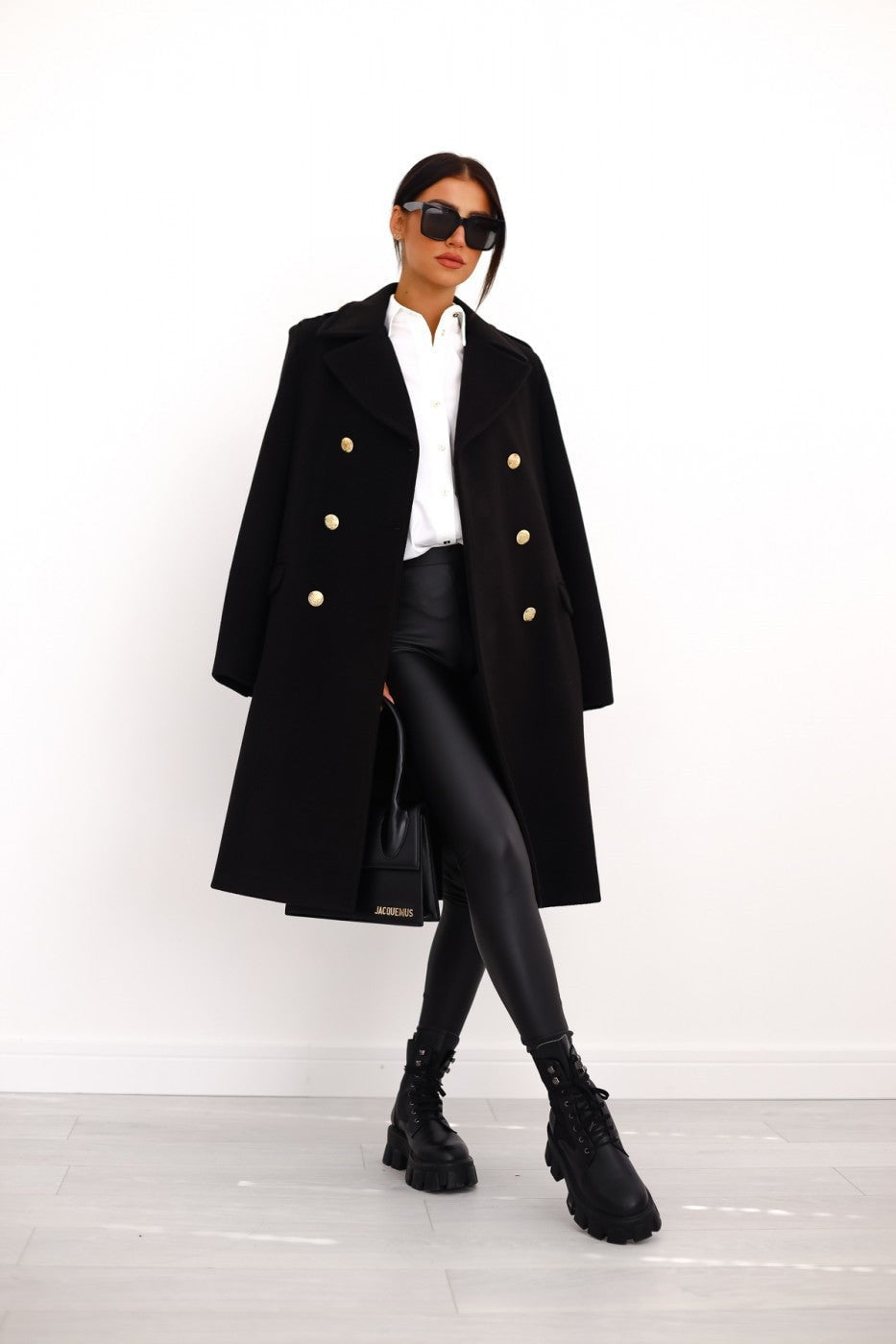 Women's Double-Breasted Long Wool-Blend Pea Coat with Notch Lapel