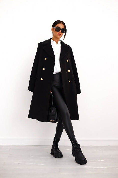 Women's Double-Breasted Long Wool-Blend Pea Coat with Notch Lapel
