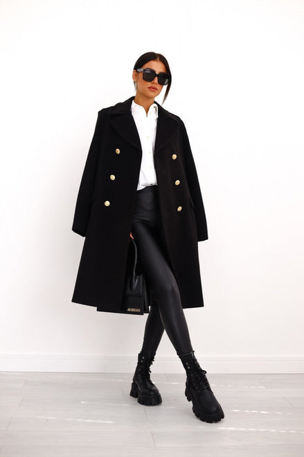 Women's Double-Breasted Long Wool-Blend Pea Coat with Notch Lapel