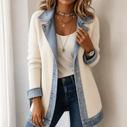 Ribbed Knit Longline Cardigan Coat with Denim Panel Detail