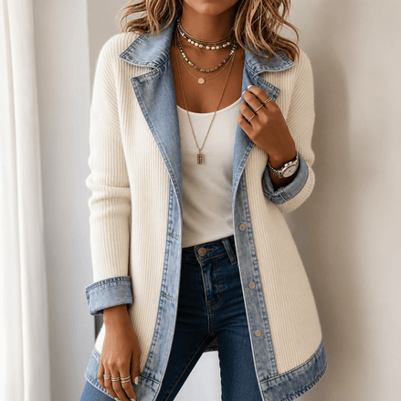 Ribbed Knit Longline Cardigan Coat with Denim Panel Detail