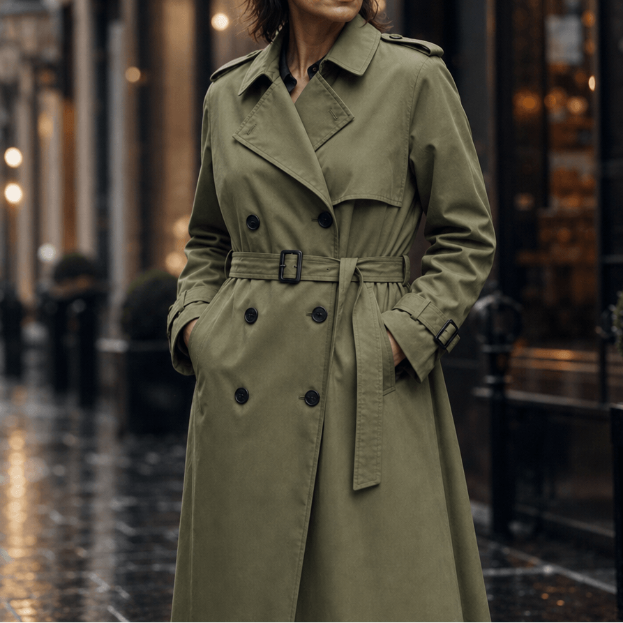 Mayfield Double-Breasted Belted Long Trench Coat with Tailored Waist for Women