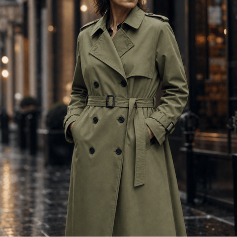 Mayfield Double-Breasted Belted Long Trench Coat with Tailored Waist for Women