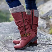 Women's Knee-High Winter Boots with Knit Cuff and Buckle Strap
