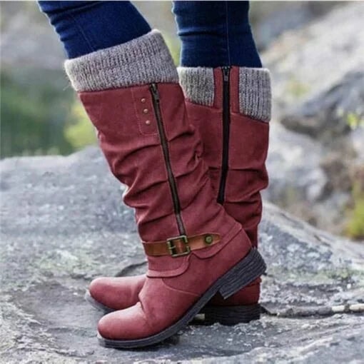 Women's Knee-High Winter Boots with Knit Cuff and Buckle Strap