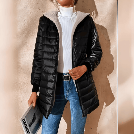 Women's Hooded Fleece-Lined Quilted Puffer Jacket with Longline Fit
