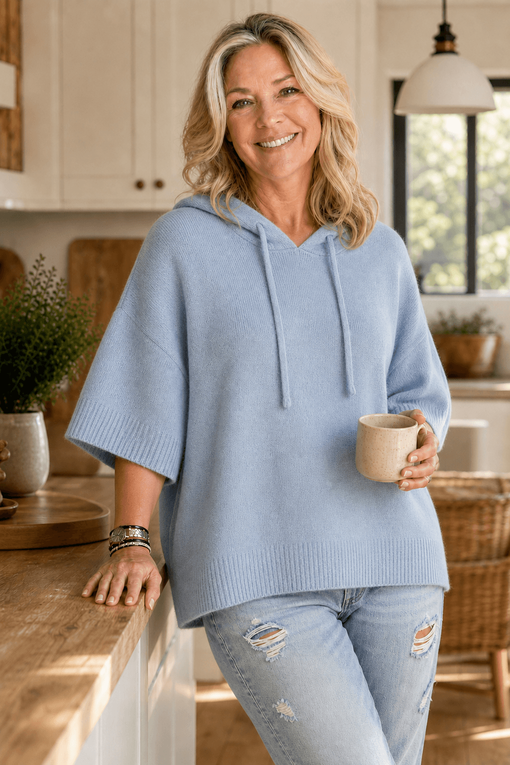 Women's Hooded Knit Jumper with Drawstring and Dropped Shoulders