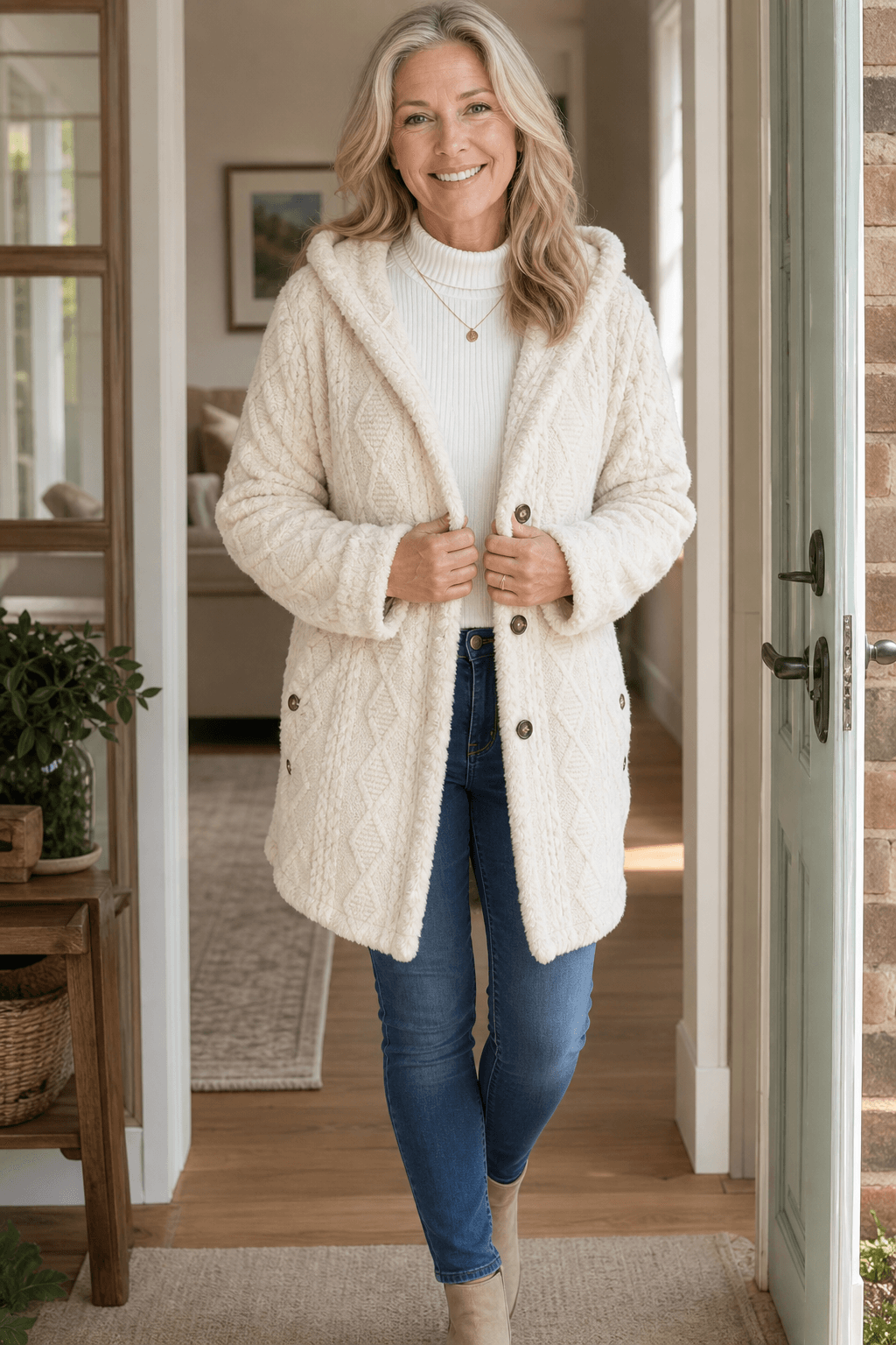 Cable-Knit Textured Hooded Longline Coat with Button Hems
