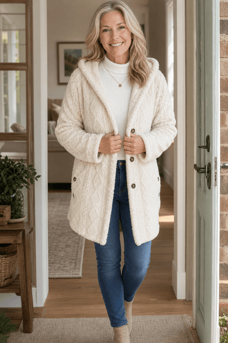 Cable-Knit Textured Hooded Longline Coat with Button Hems