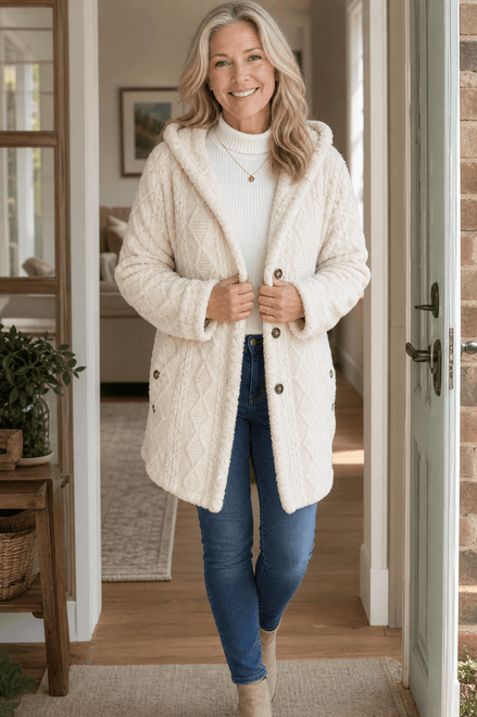 Cable-Knit Textured Hooded Longline Coat with Button Hems