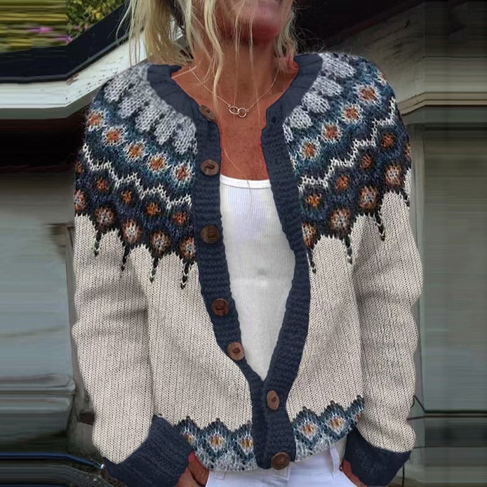 Kara Women's Fair Isle Yoke Knitted Cardigan with Wooden Buttons