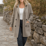Cable-Knit Sleeve Double-Breasted Longline Coat for Women