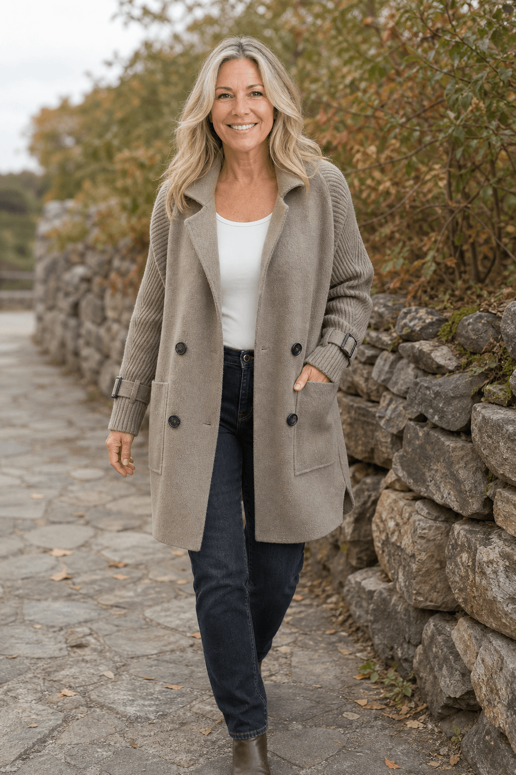 Cable-Knit Sleeve Double-Breasted Longline Coat for Women