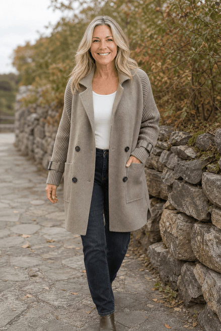 Cable-Knit Sleeve Double-Breasted Longline Coat for Women