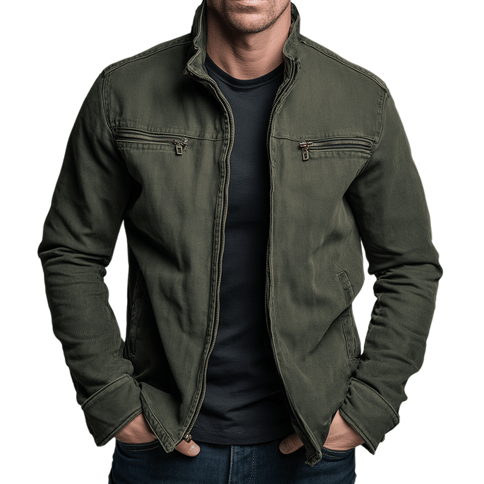 Men's Cotton Zip-Up Jacket with Stand Collar
