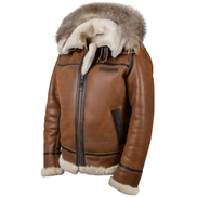 Shearling-Lined Aviator Bomber Jacket with Fur Hood for Men