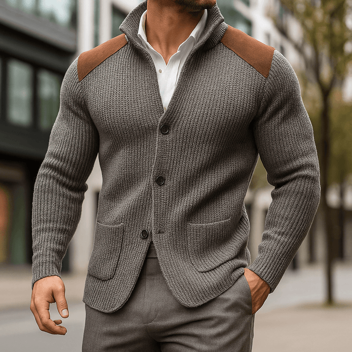 Men's Textured Knit Blazer with Contrast Shoulder Panels