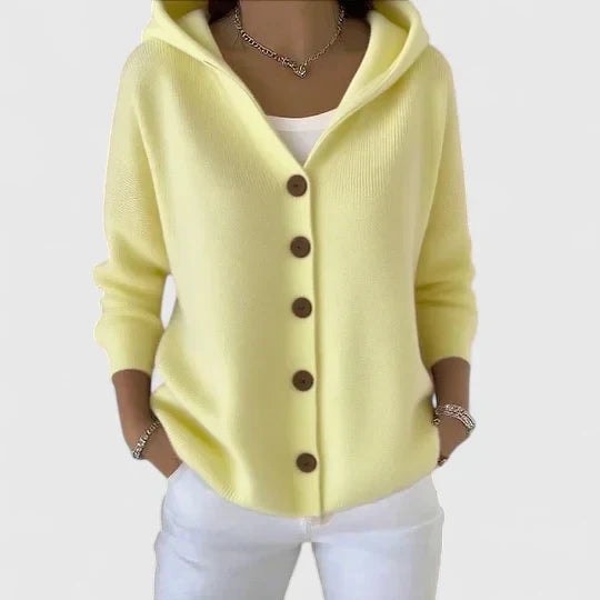 Rhezalynn Hooded Button-Front Women's Knitted Cardigan with Long Sleeves