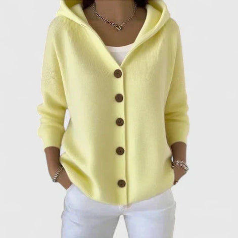 Rhezalynn Hooded Button-Front Women's Knitted Cardigan with Long Sleeves