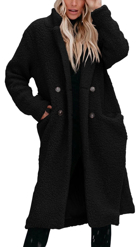 Women's Long Teddy Fleece Coat with Button Front Closure