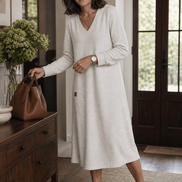 Women's A-Line V-Neck Midi Dress with Long Sleeves