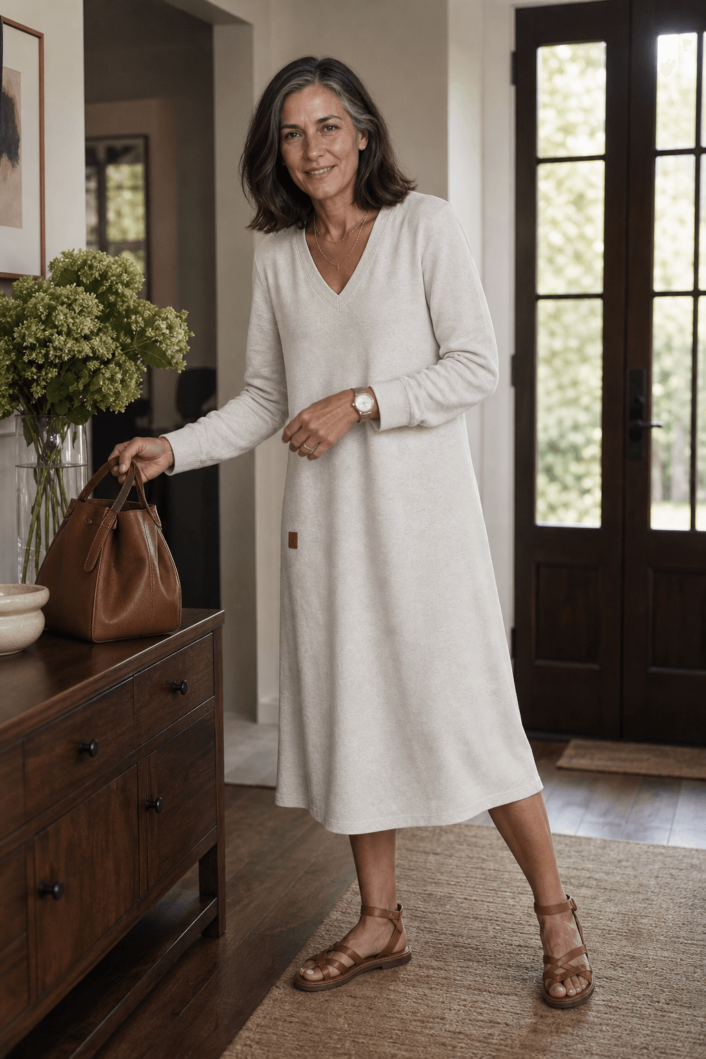 Women's A-Line V-Neck Midi Dress with Long Sleeves