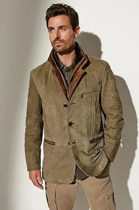 Men's Suede-Look Blazer-Style Jacket with Contrast Trim Collar