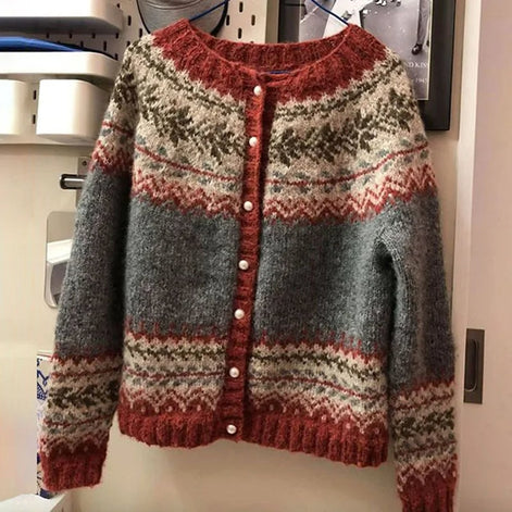 Women's Fair Isle Button-Up Knitted Cardigan with Nordic Yoke Pattern