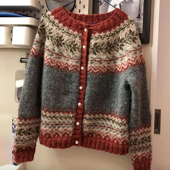 Women's Fair Isle Button-Up Knitted Cardigan with Nordic Yoke Pattern