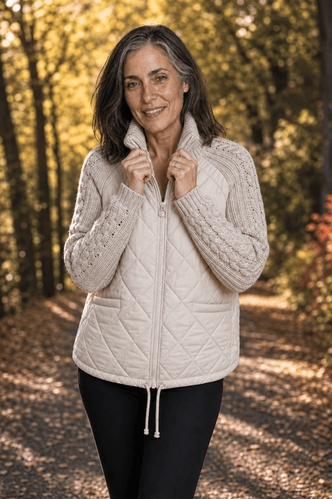 Women's Knit-Panel Quilted Puffer Jacket with Ribbed Cuffs