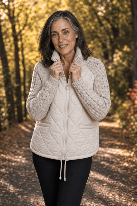Women's Knit-Panel Quilted Puffer Jacket with Ribbed Cuffs