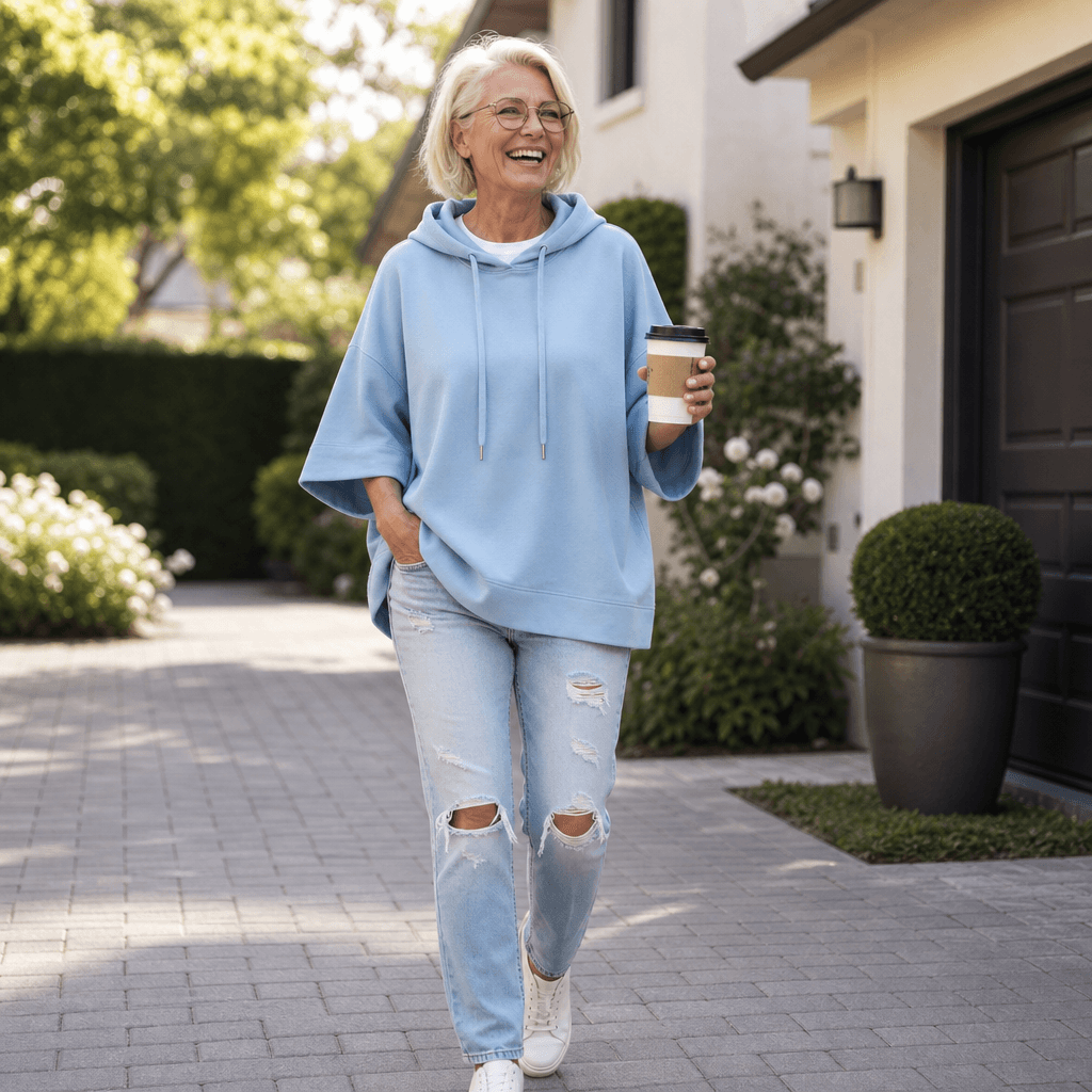 Women's Oversized Half-Sleeve Hooded Sweatshirt with Drawstring