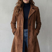 Suede-Effect Longline Coat with Tailored Waist for Women in Winter