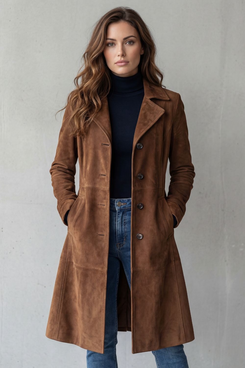 Suede-Effect Longline Coat with Tailored Waist for Women in Winter