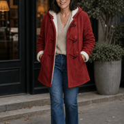 Women's Hooded Faux Suede Toggle Coat with Plush Sherpa Lining