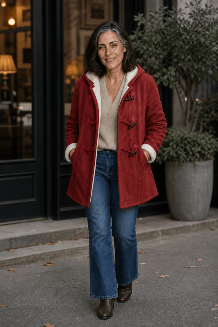 Women's Hooded Faux Suede Toggle Coat with Plush Sherpa Lining