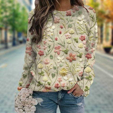 Madeline Floral Embroidered Cotton Blend Long Sleeve Blouse for Women