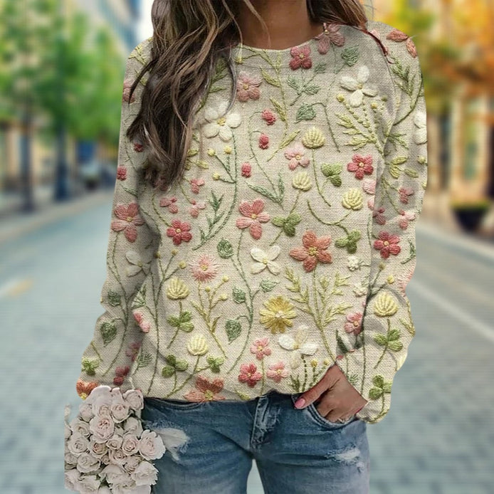Madeline Floral Embroidered Cotton Blend Long Sleeve Blouse for Women