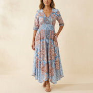 Floressa Paisley Floral V-Neck Women's Midi Dress with Drawstring Waist