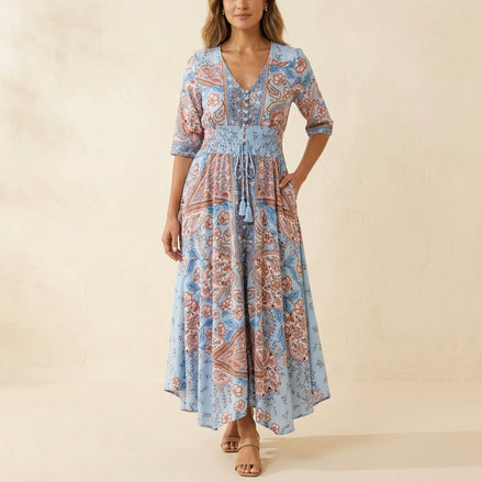 Floressa Paisley Floral V-Neck Women's Midi Dress with Drawstring Waist
