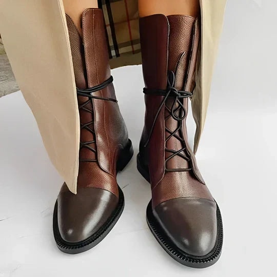 Tatum Lace-Up Cap Toe Heeled Boots in Calf-Length Leather