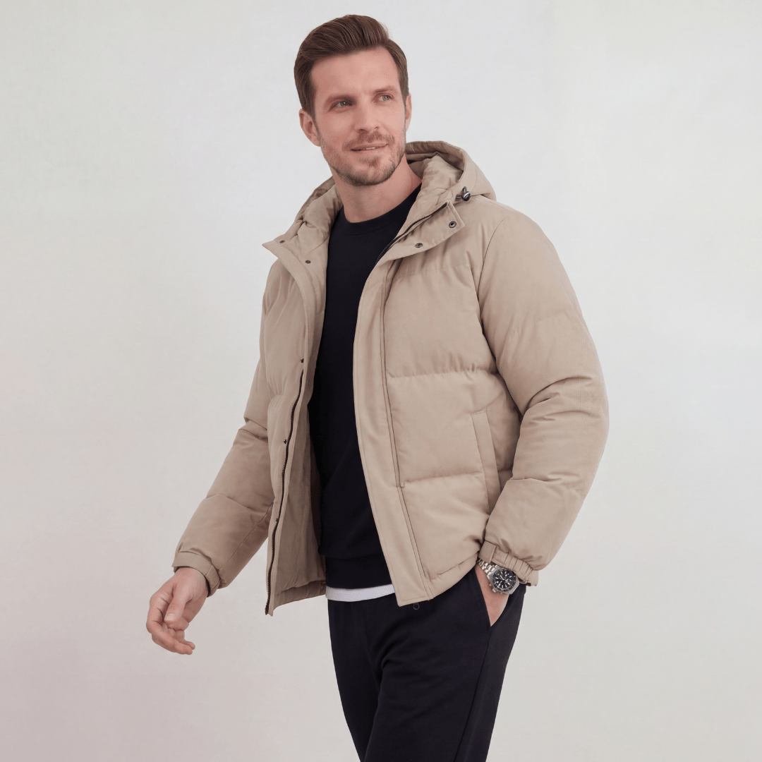 Men's Hooded Puffer Jacket with Adjustable Hood and Zip Closure