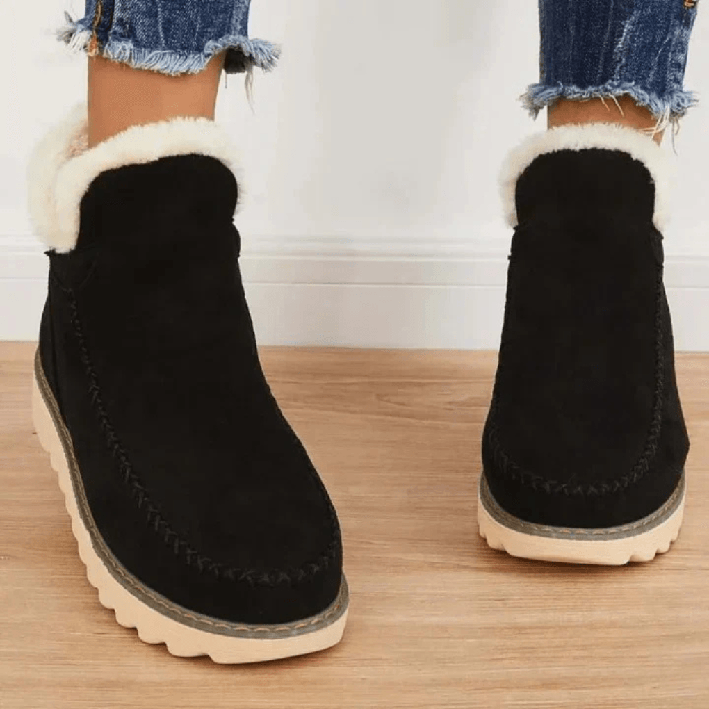 Faux Fur-Trimmed Suede Winter Ankle Boots with Moc-Toe Detail