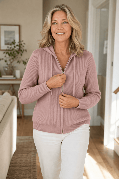 Women's Ribbed Zip-Up Hooded Cardigan with Drawstring Hood