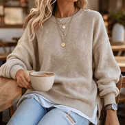 Women's Drop-Shoulder Lantern Sleeve Chunky Knitted Jumper with Side Slits