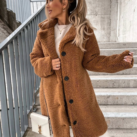 Doris | Oversized Teddy Long Coat for Women with Collared Button Front